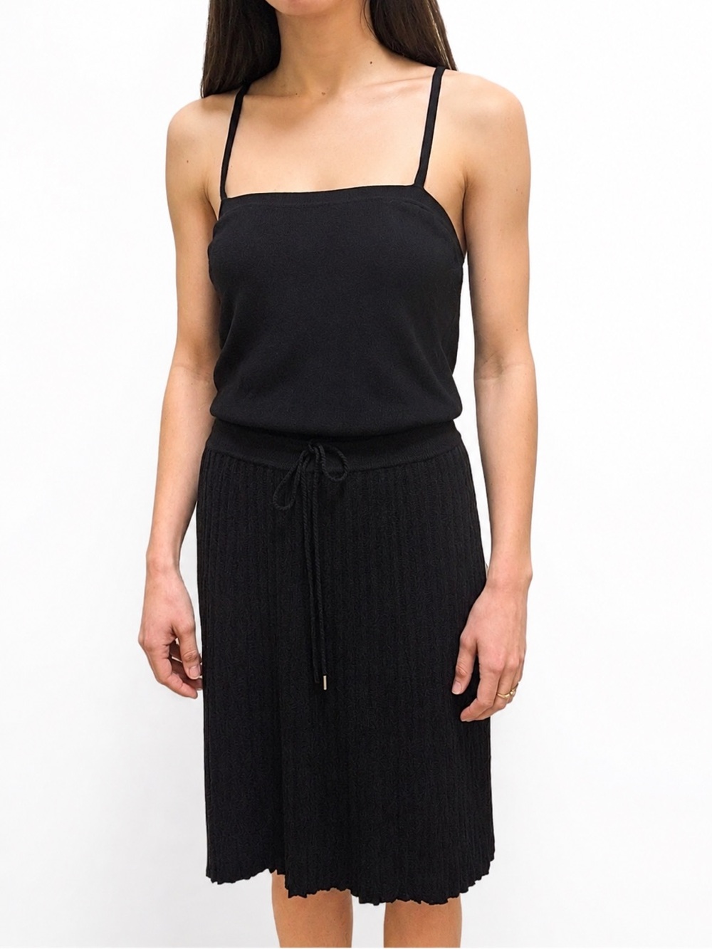 Gucci Black Silky Knit Pleated Drop Waist Strappy Midi Dress Tassel Tie Belt S - Picture 2 of 16